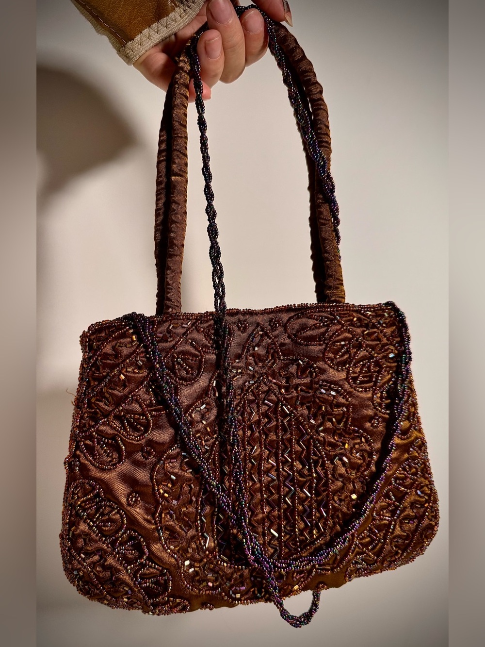 Vintage Fully Beaded Bronzy Brown Purple Purse Crossbody Bag